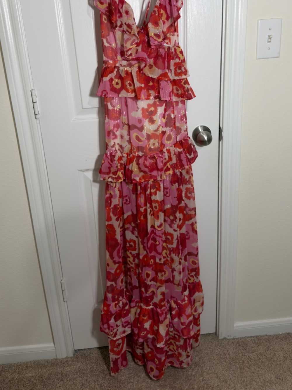 Pink & Red Floral Ruffle Maxi Dress - Strappy Tiered Boho Dress